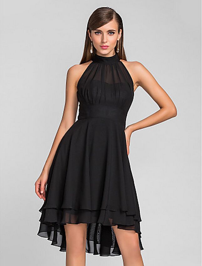 New Arrival Elegant Halter Black Chiffon Dress Hi Lo Party
