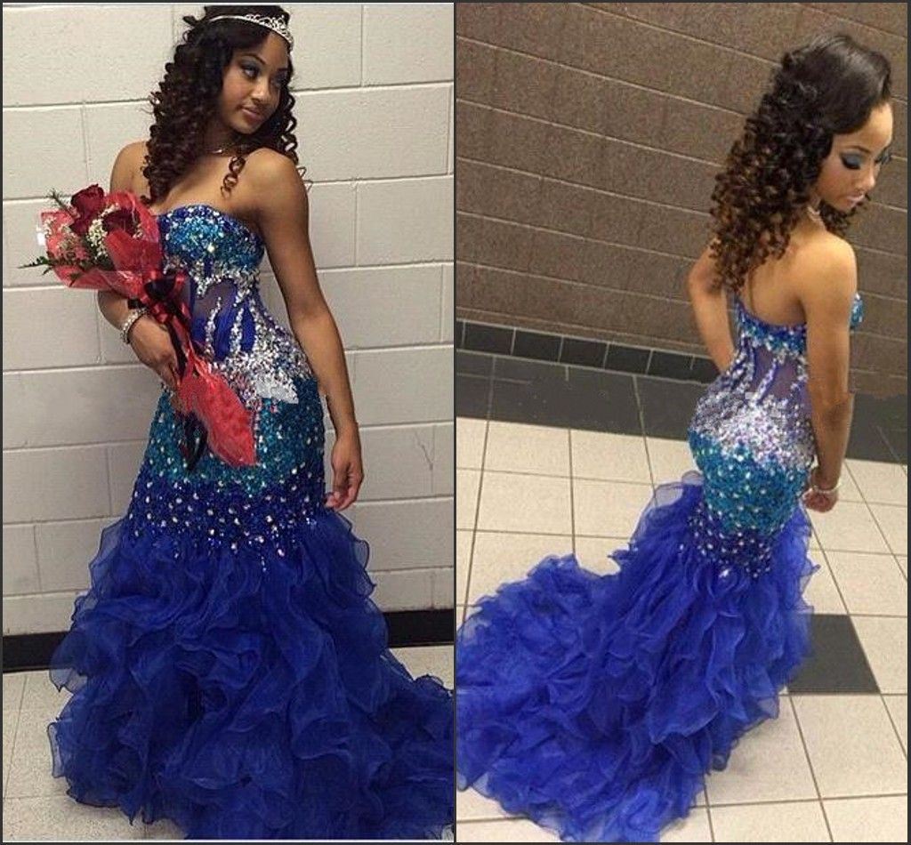 Wedding Prom Dresses Mermaid sunjai williams long mermaid prom dresses 2016 strapless sparkling beads rhinestones royal blue ruffles organza formal