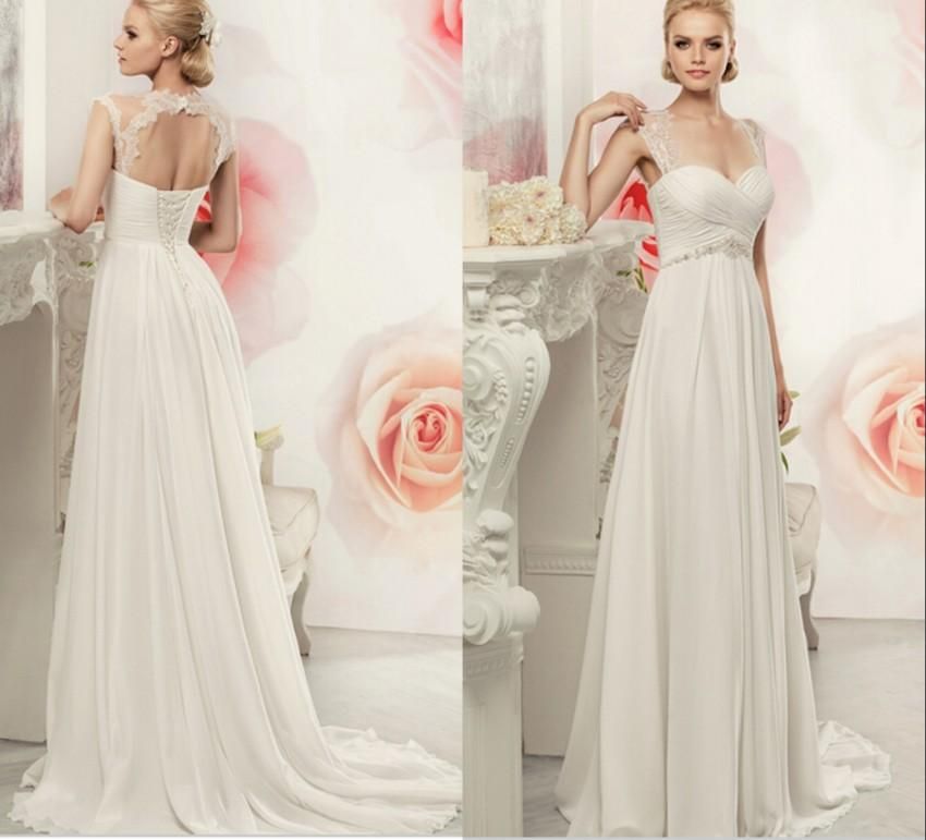 2016 Modest Empire Waist Wedding Dresses Beaded Chiffon Beach Wedding Dress Keyhole Back Cap