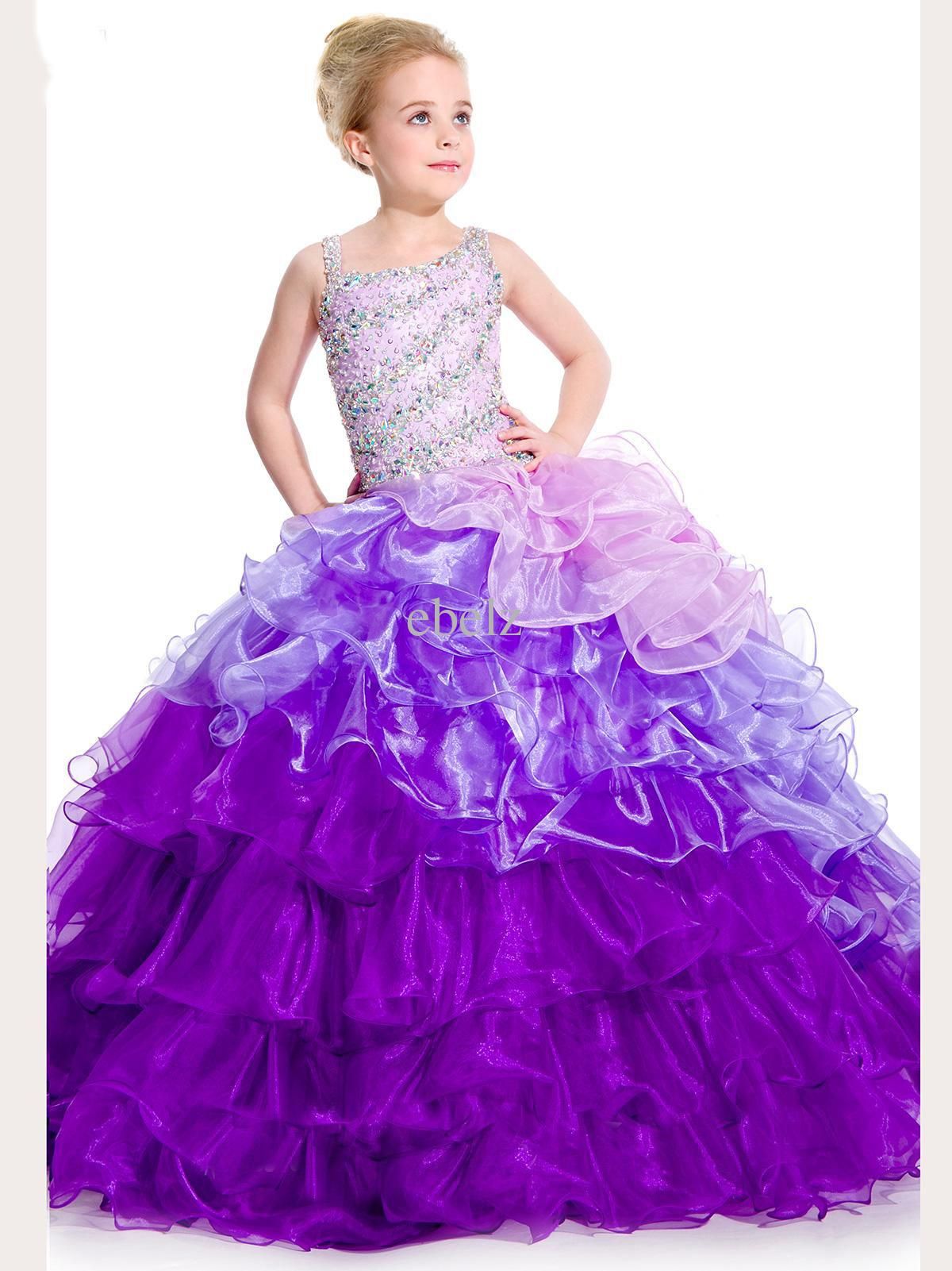 Fashion Purple Gradient Flower Girl Dress Sequins Assymmentic Straps