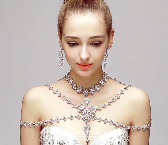 Luxury High Quality Silver Rhinestone Bridal Shoulder Chain Necklace 