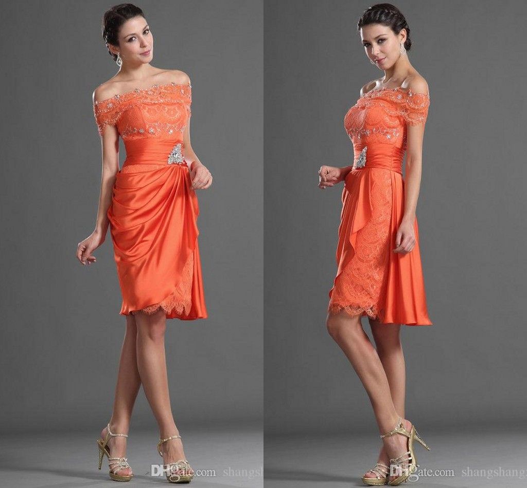 2017 Orange Cocktail Party Dresses Sheath Short Off Shoulder Knee Length Plus Size