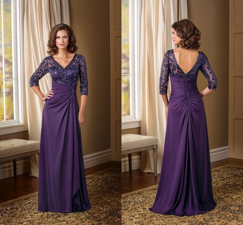 Glamorous Purple Long Mother Of The Bride Dresses 2015 Half Sleeves V