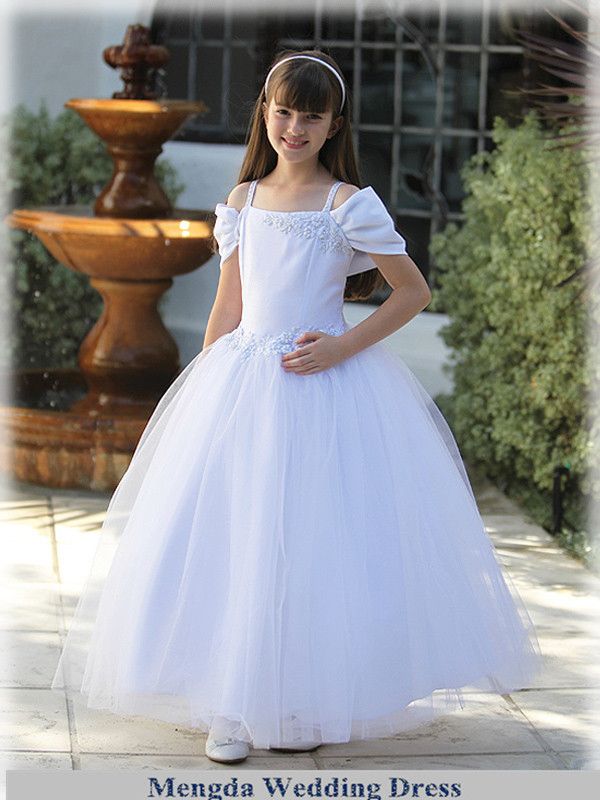 Ball Gown White Kids First Communion Dress Satin Organza Spaghetti Straps Long Puffy Flower Girl