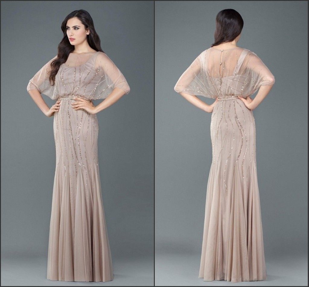 Fashion Mother Of The Bride Dresses Blush Short Sleeve Sheer Tulle Sequins Women Mother'S