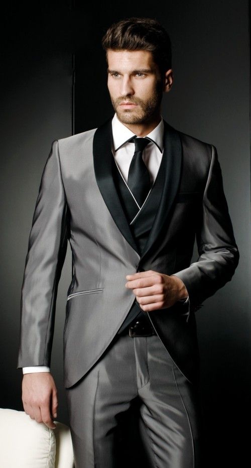 Silver Wedding Suits For Men Black Shawl Lapel Grooms Tuxedos Three