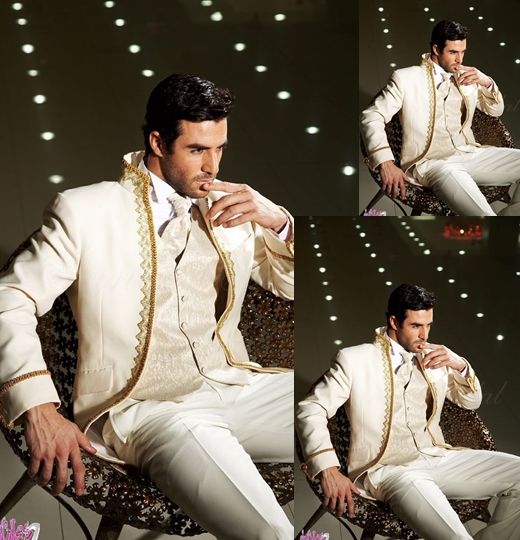 New Style Groom Tuxedos 2015 Ivory With Gold Side Applique Stand Collar Groomsmen Best Man