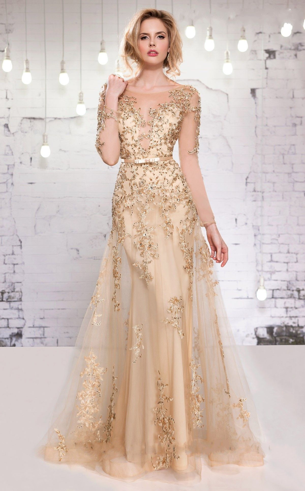 Evening Gown With Illusion Neckline Long Sleeves