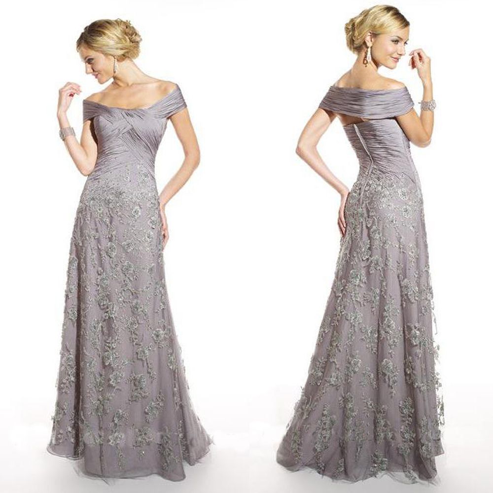 Silver Elegant Off The Shoulder Lace Floral Long Formal Mother Of The