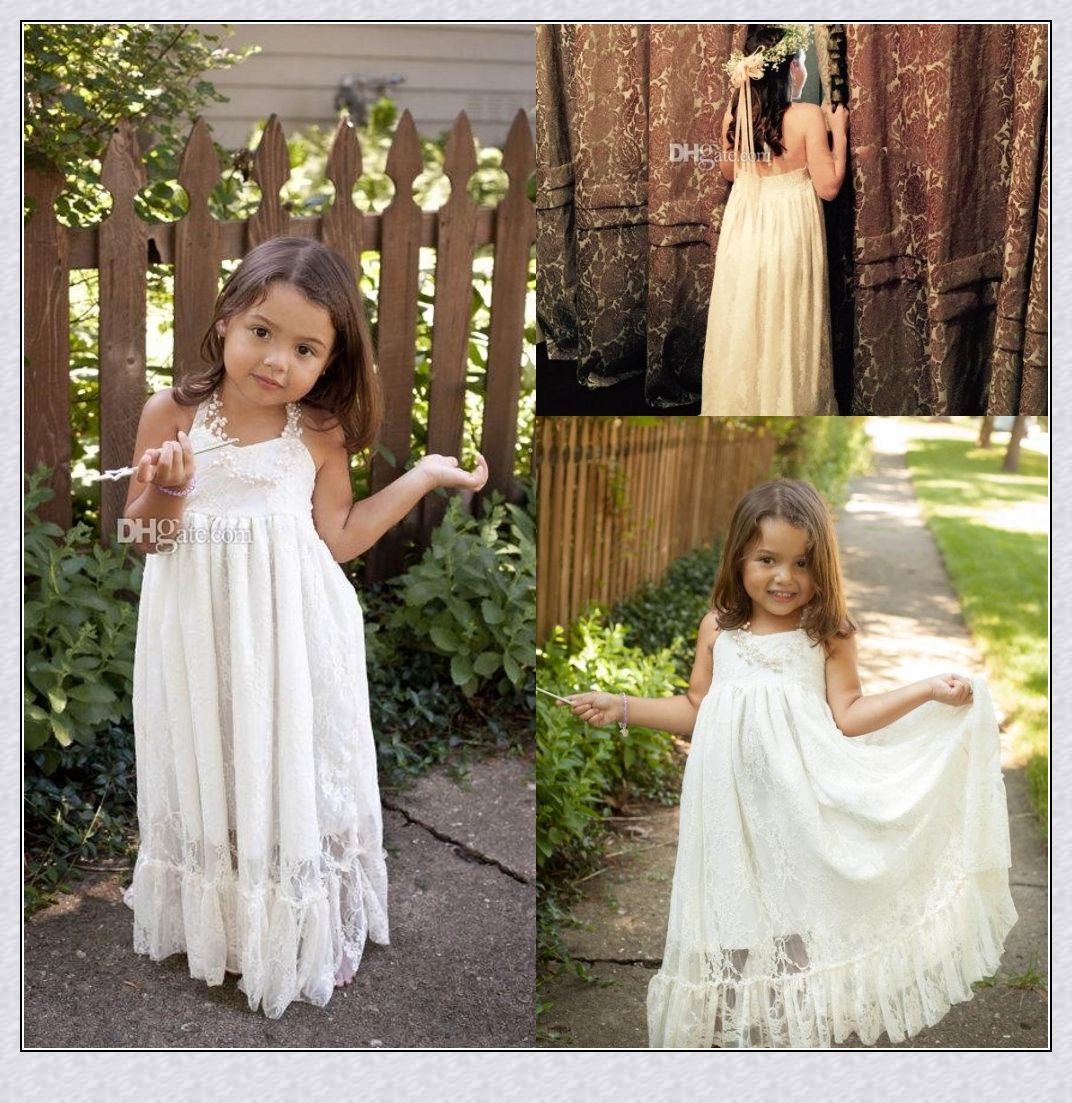 2015 Princess Beach Lace Wedding Flower Girl Dresses A Line Halter