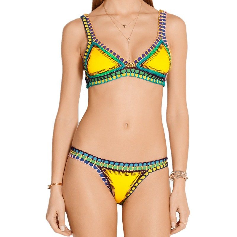 2016 Swimwear Womens Push Up Neoprene Crochet Triangle Bikini Handmade Swimwear Neoprene Bikinis