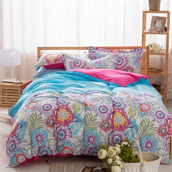 Pink And Blue Flowers Blooming Comforter Sets Soft Bed Covers And