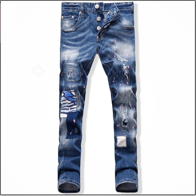 2017 2016 Patchwork Jeans For Men Streetstyle Stretch Ink Printed
