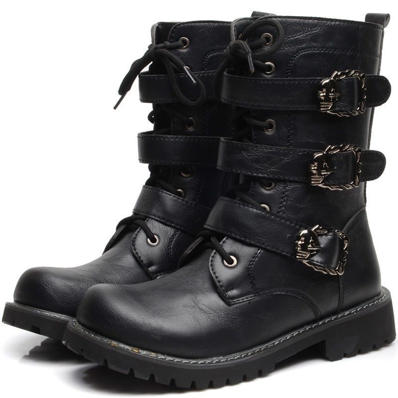 Fashion 100 Real Leather Punk Rock Men'S Goth Rock Band Buckle Boots