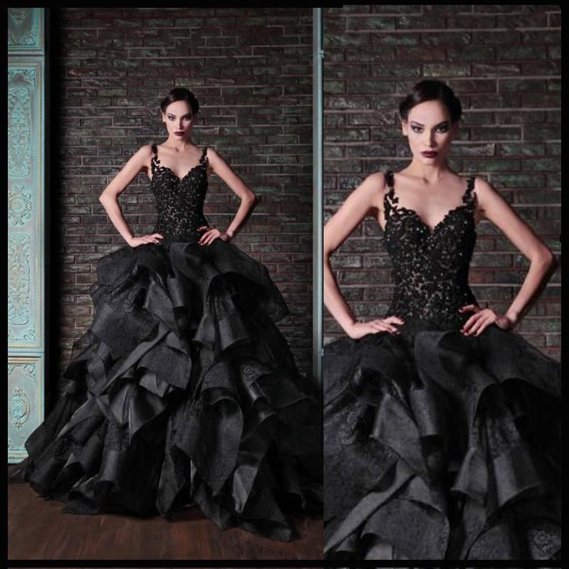 Rami Kadi Black Ball Gown Dresses with Tiered Ruffles Vintage Lace Spaghetti Puffy Floor Length