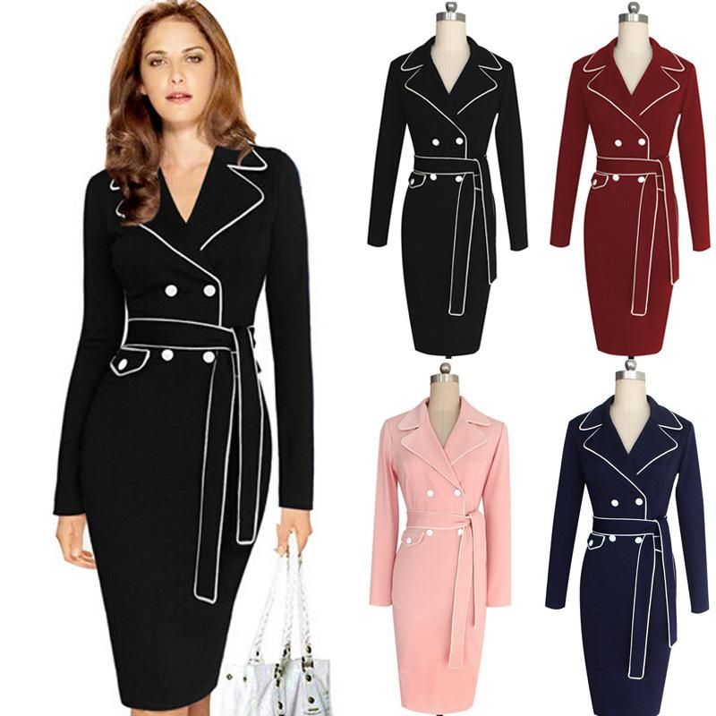 2017 Fashion Women Pencil Work Dress Plunge V Neck Back Zipper Short