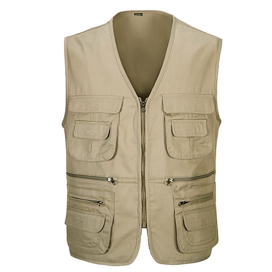 Online Cheap Fall Mens Beige Vest Jacket Multi Pocket Vest Travel Sport