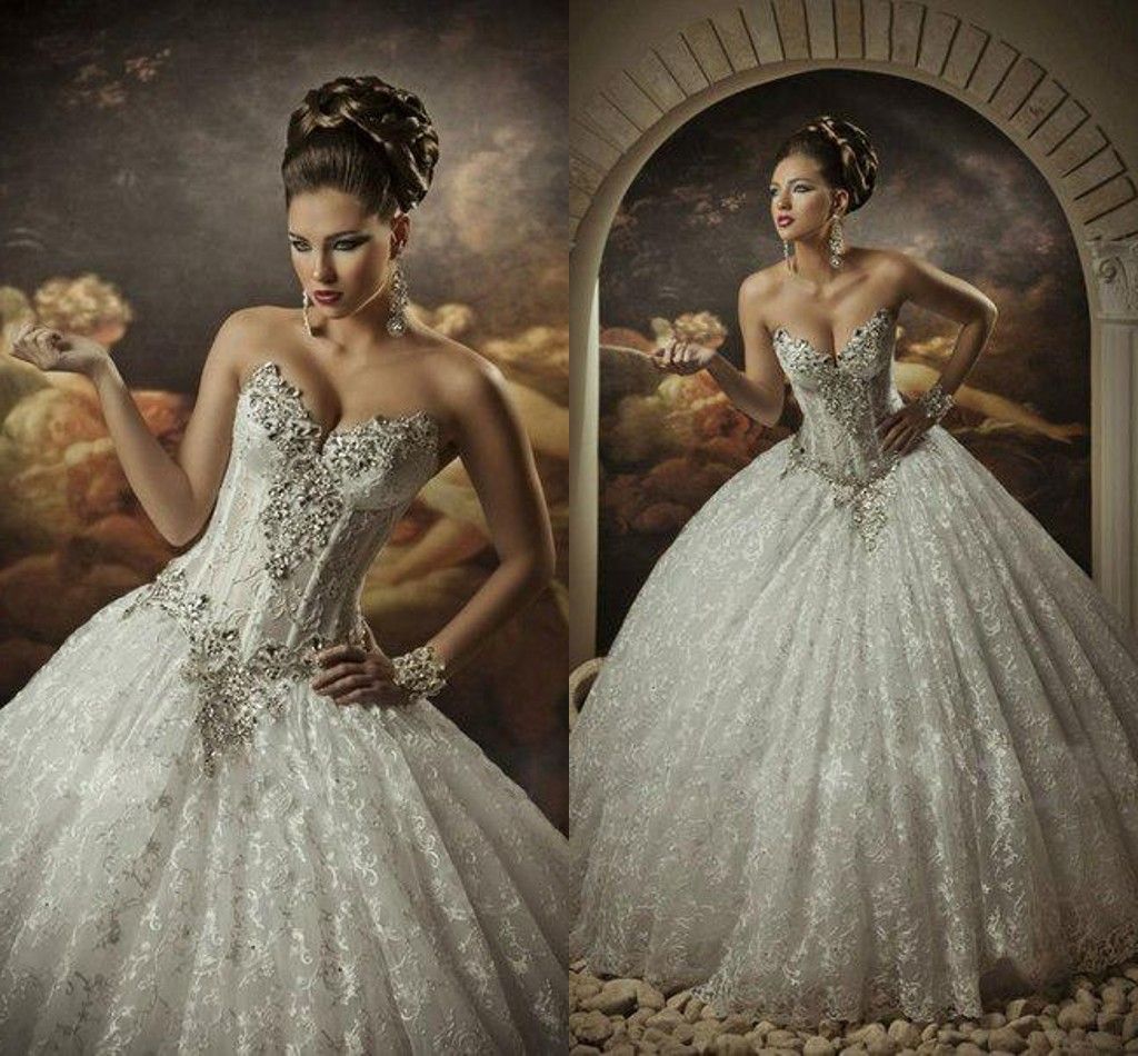 Lace Ball Gown Wedding Dresses With Rhinestones Sweetheart Corset Royal