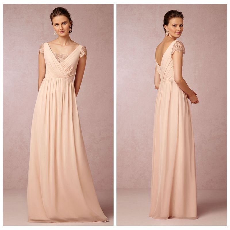 Blush Pink Bridesmaid Dress Chiffon Long Lace Cap Sleeve Guest Dress