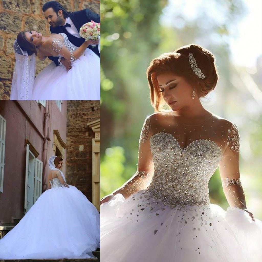 Sheer Neck Wedding Ball Gowns 2015 Crystal Beaded Ball Gown With ...