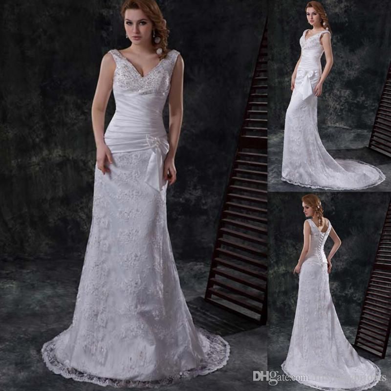 Scottish Sexy V Neck Wedding Dresses Ivory Satin And Lace Sheath Lace