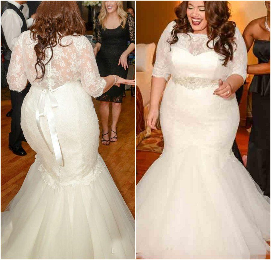 2015 New Gorgeous Mermaid Wedding Dresses Half Sleeves Plus Size