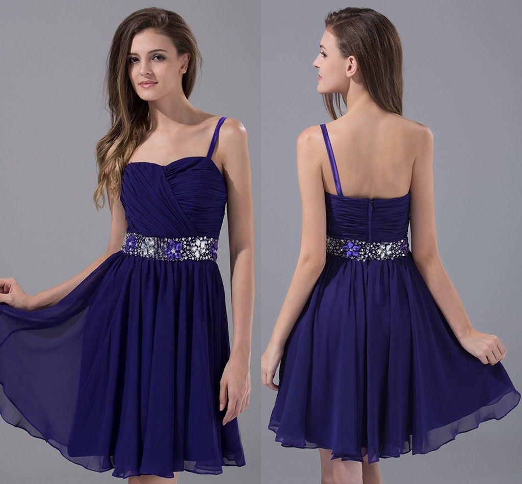 Royal Blue Short A Line Juniors Prom Dresses With Straps Beaded Chiffon