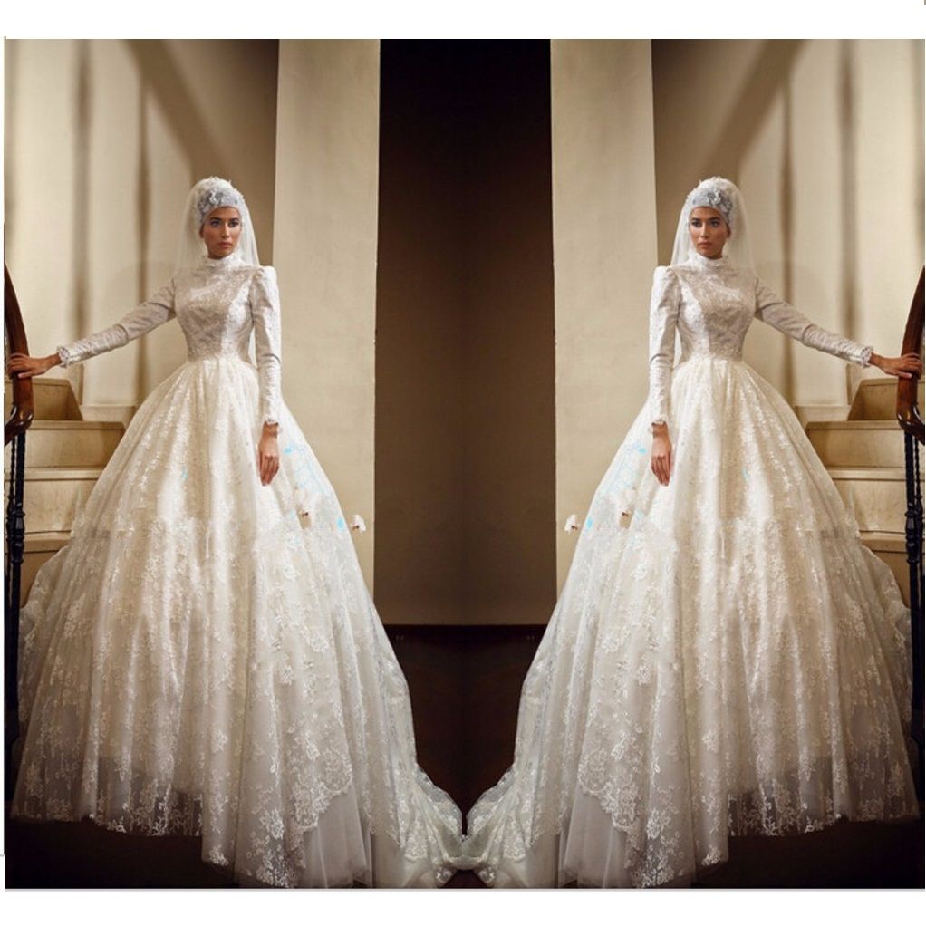 2016 Luxury Muslim Wedding Dresses Ball Gown Long Sleeve Lace Appliques