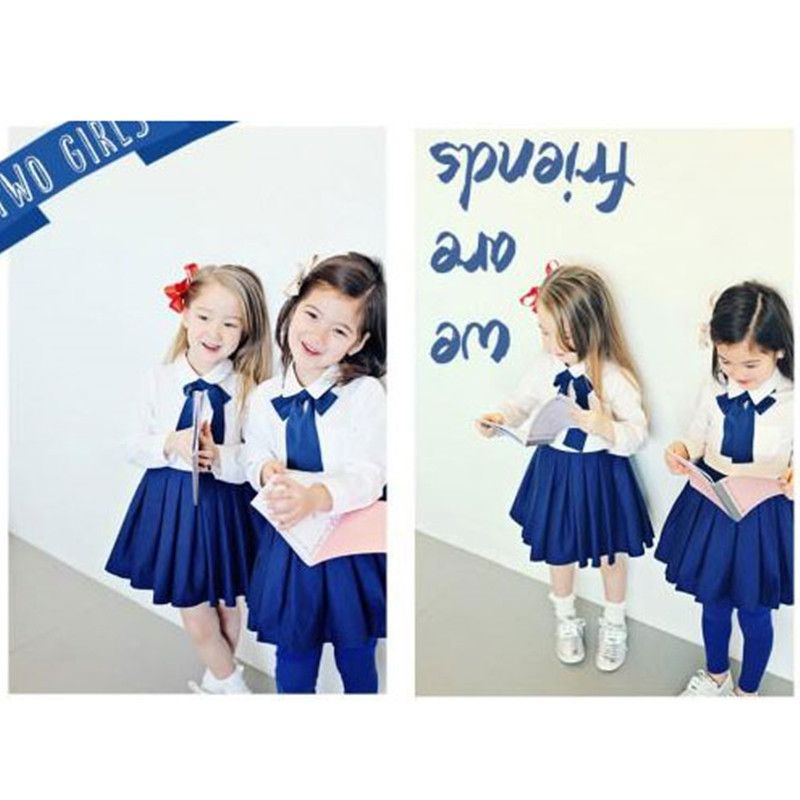 2017 Kids Baby Girl College School Uniform Bow Knot Navy Preppy Tops Skirt Dress 2 7y From