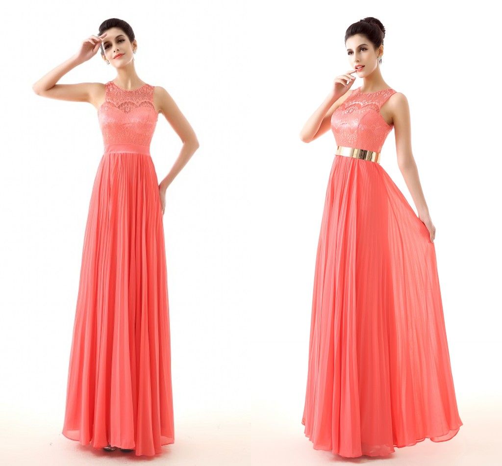 Lace Coral Prom Dresses Gold Belt Keyhole Back Real Image Cheap Plus