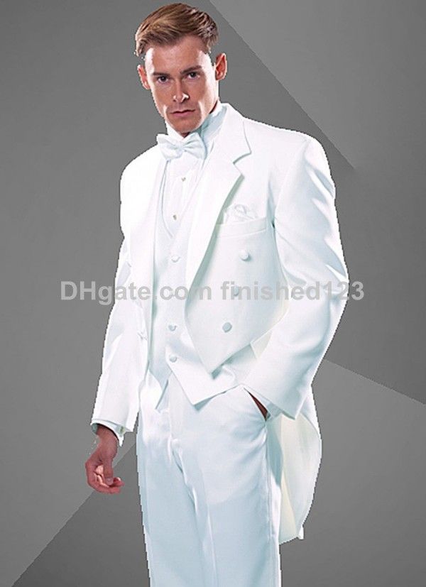 New Style Double Breasted White Tailcoat Groom Tuxedos Notch Lapel