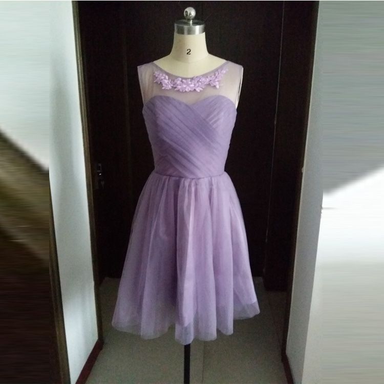 Knee Length Lilac Bridesmaid Dresses Tulle Short Sheer Neck Party No Ps