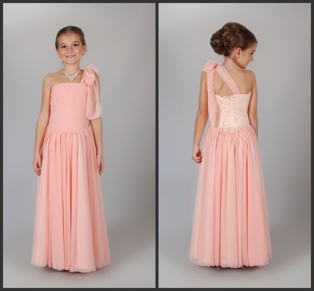 Blush Chiffon Long Junior Bridesmaid Dresses 2016 One Shoulder Corset