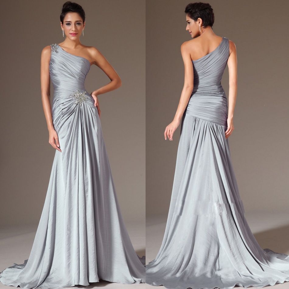 2015 Best Selling One Shoulder A Line Brush Satinchiffon Silver Long