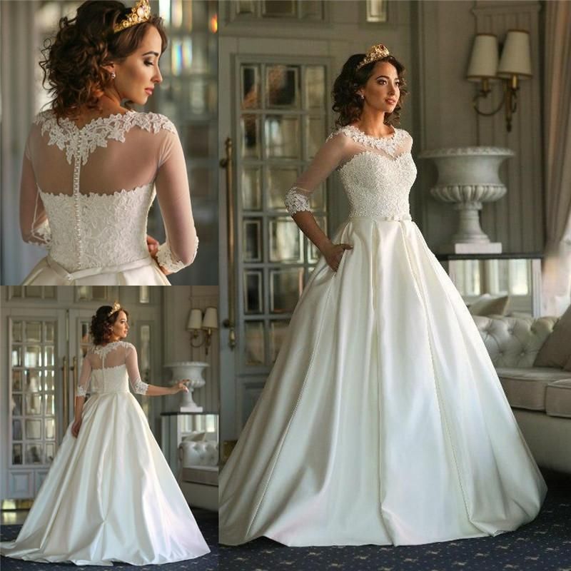 2016 Wedding Reception Dresses Lace Appliques 3/4 Long Sleeves Satin A Line Church Bridal Gowns