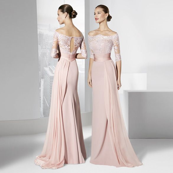 Blush Pink Bridesmaid Dresses Cheap Off Shoulder Half Sleeves Lace Chiffon Long Floor Formal