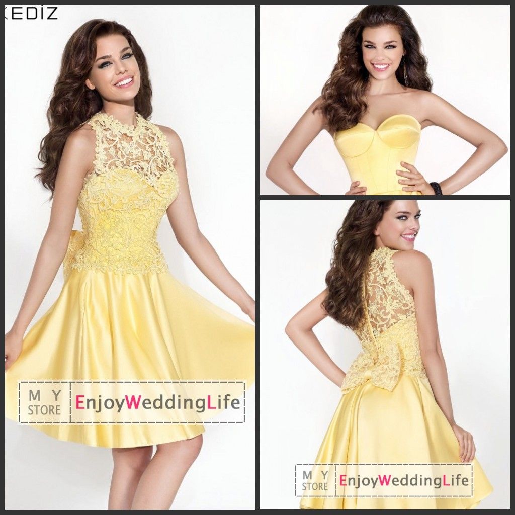 New Sexy 2015 Bright Yellow Satin Knee Length Cocktail Dresses Lace