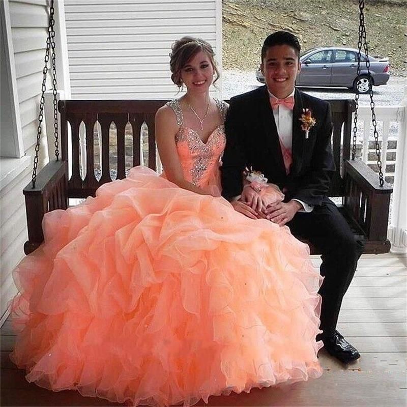 Peach Color Sweet 15 Quinceanera Dress Ball Gown Ruffles Organza Crystals Beaded Covered Back