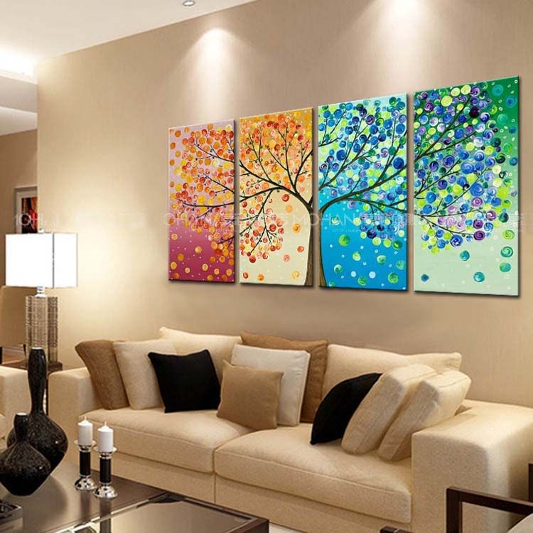 Hand Painted 4 Season Tree Painting On Canvas 4 Piece Home Decoration Modern Wall Art Abstract Colorful Oil Picture Set