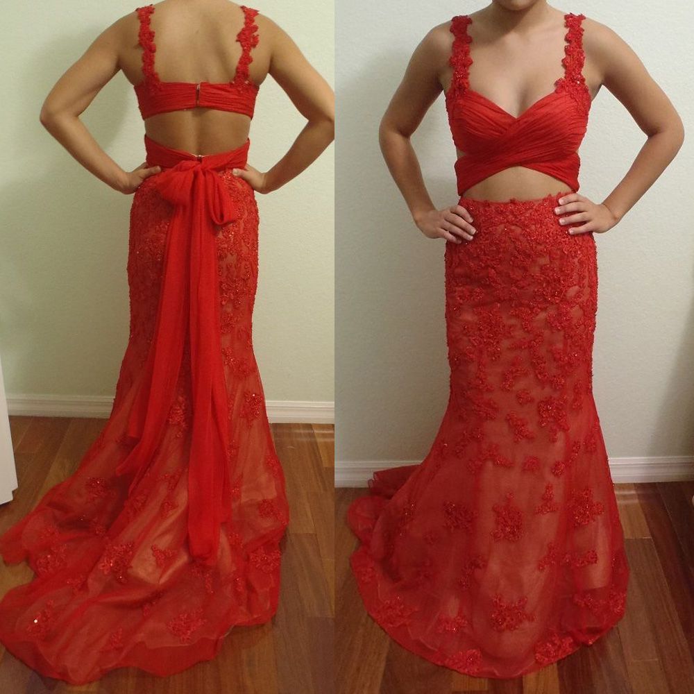 Real Image Red Mermaid Two Piece Prom Dress Fast Delivery Straps Lace