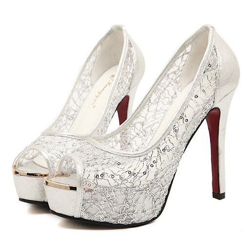 Silver Lace Paillette Bridal Pumps Shoes Women High Heels Peep Toe ...