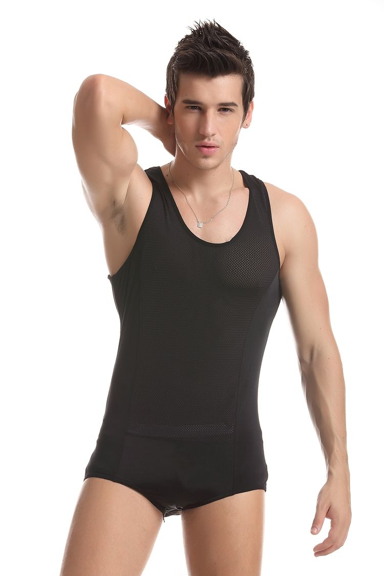 2017 Brand Men'S Sexy Underwear Male Mesh Vest Bodysuits Jumpsuit Black