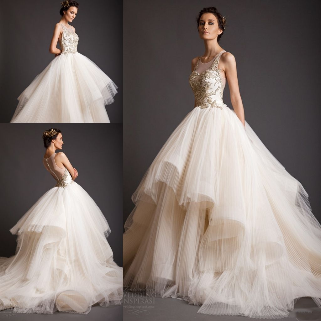 2016 Designer Gold Applique Wedding Dresses Crew See Though Lace Tulle
