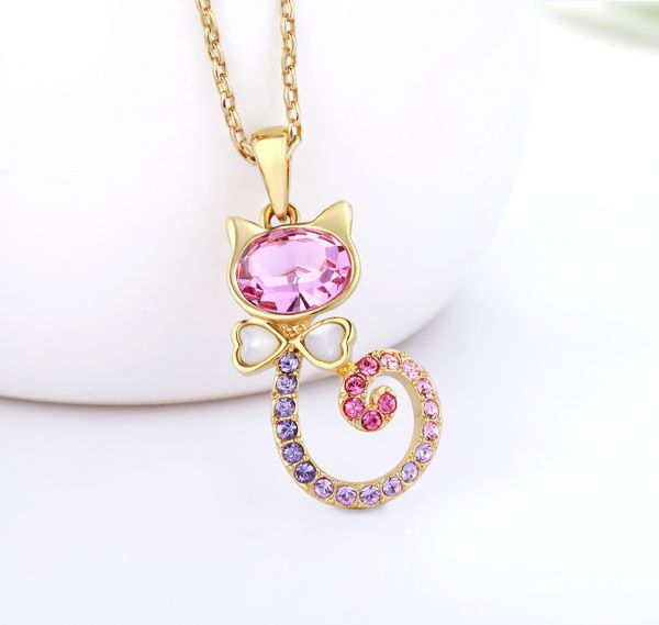 Wholesale 18k Gold Plated Chain Elegant Kitten Cat Crystal Pendant