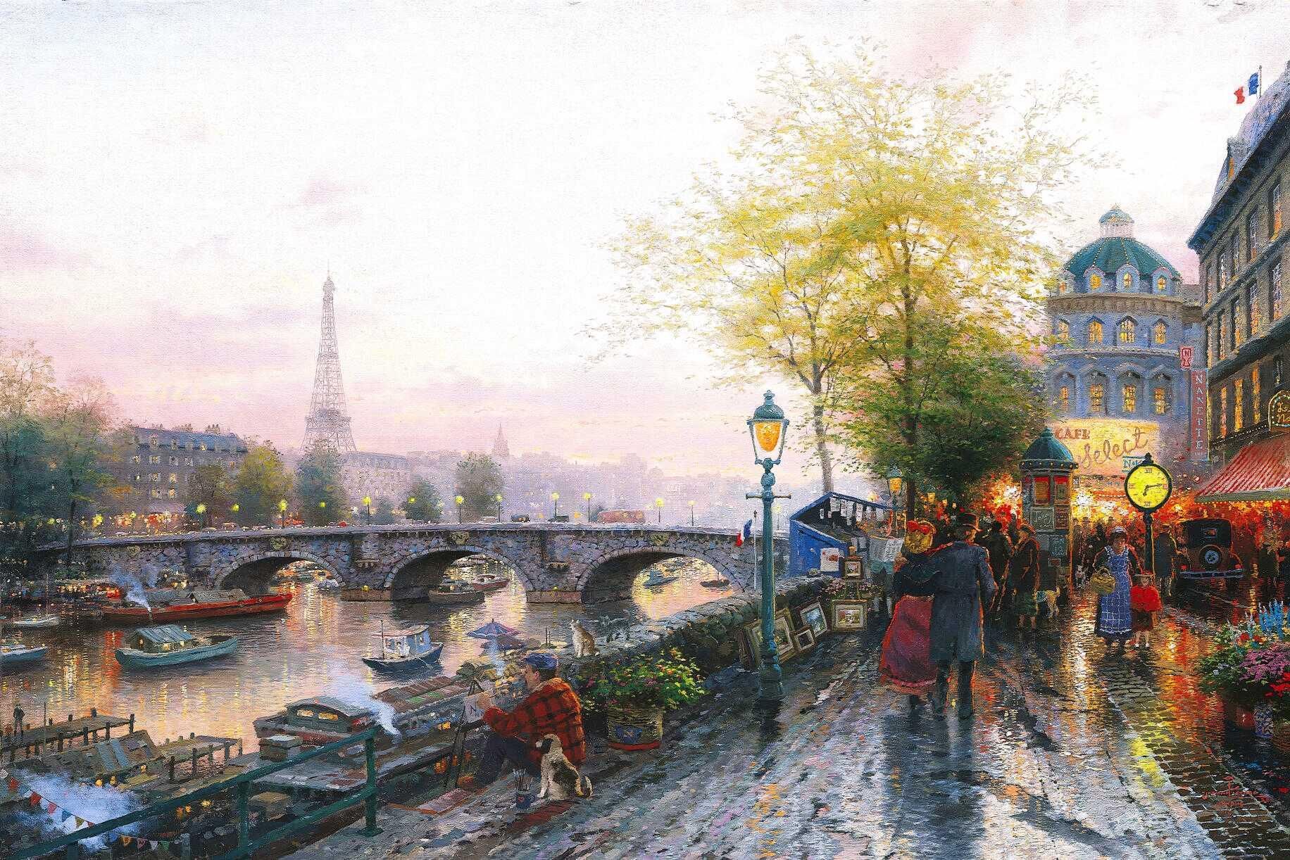 2017 Paris Eiffel Tower Thomas Kinkade Oil Paintings Art Print On