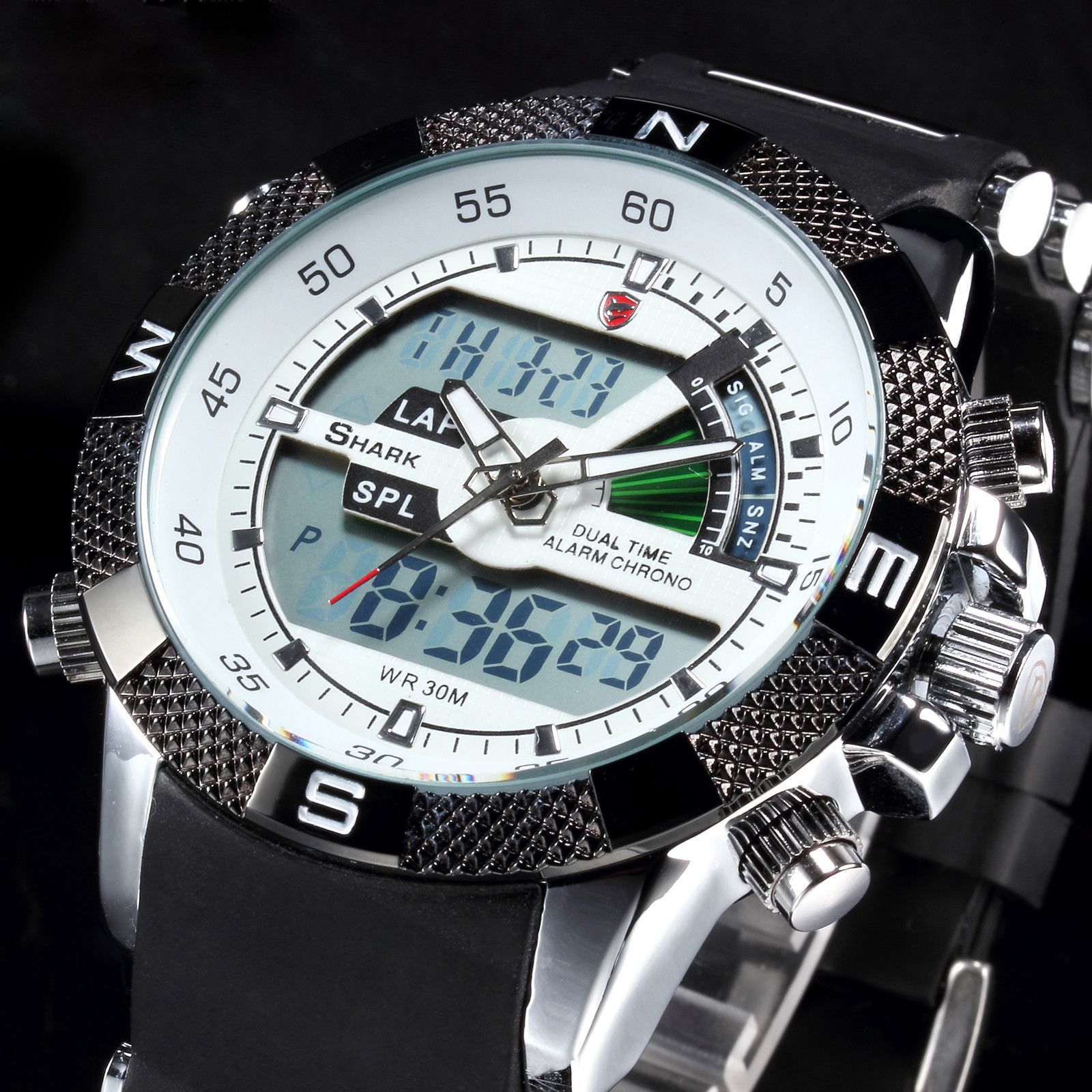Shark Quartz Lcd Dual Time Date Day Alarm Display Relojes White Dial