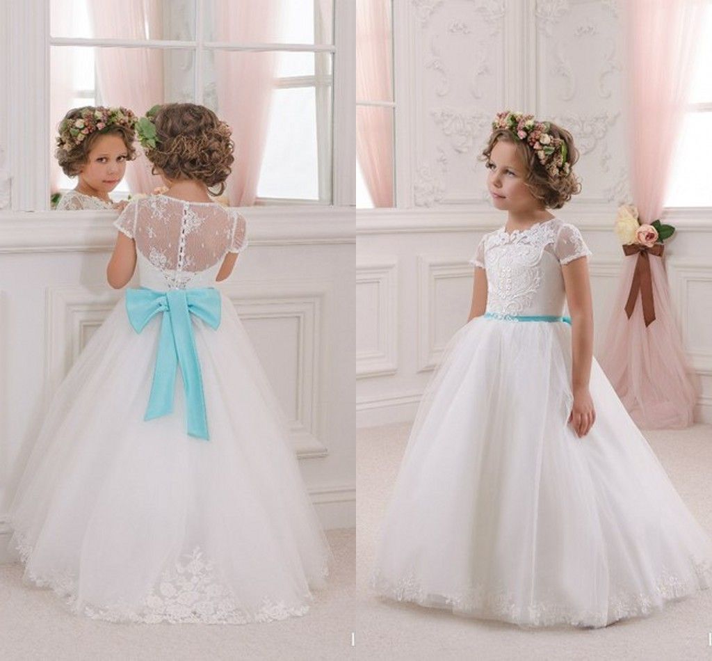 2016 Cheap Flower Girls Dresses For Wedding Ivory White Lace Jewel Neck