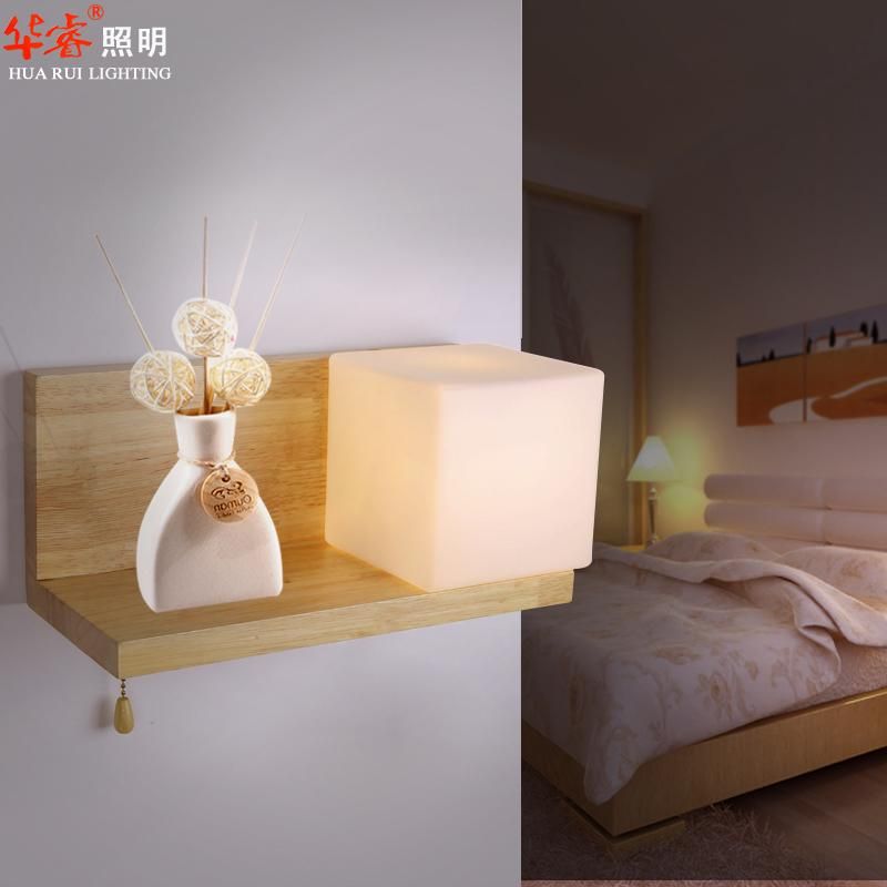 2017 Solid Wood Rustic Wall Lamp Bedside Lights Log Color Modern Simple Glass Lampshade Mounted ...