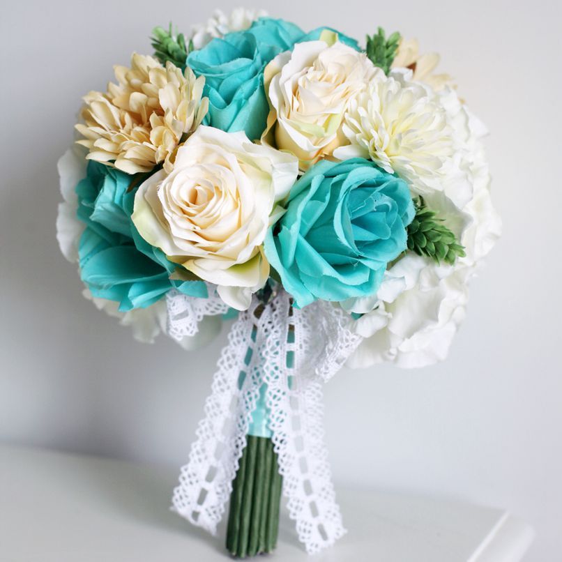 Vintage Silk Flowers Mint Green Artificial Wedding Bouquets Bridal