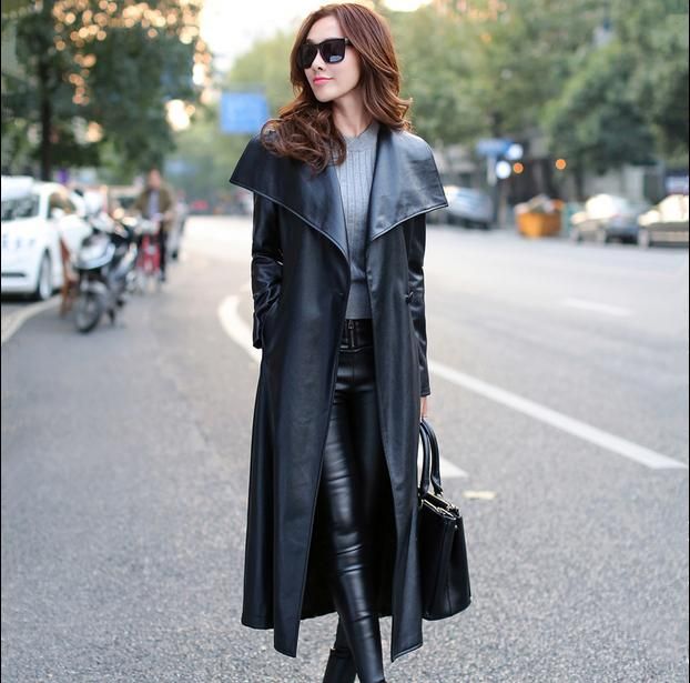 2017 Fashion 2016 Women Coats X Long Pu Leather Slim Trench Coat